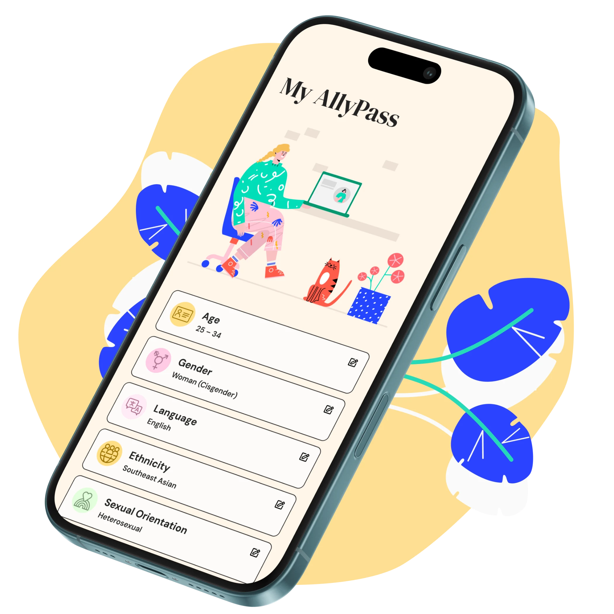 MyAllyPass app profile screen showing personal identity information fields