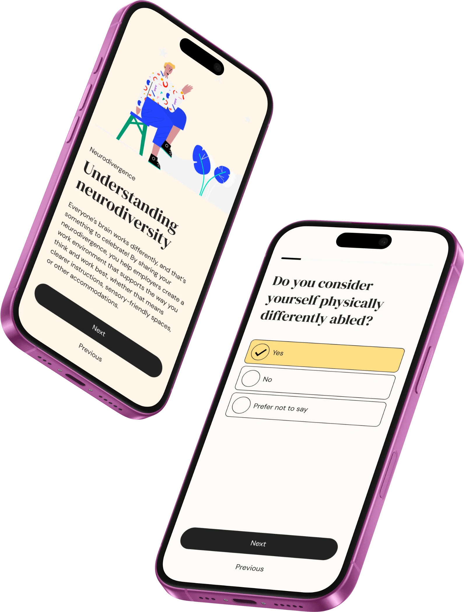 Neurodiversity app screens explaining brain differences and disability status